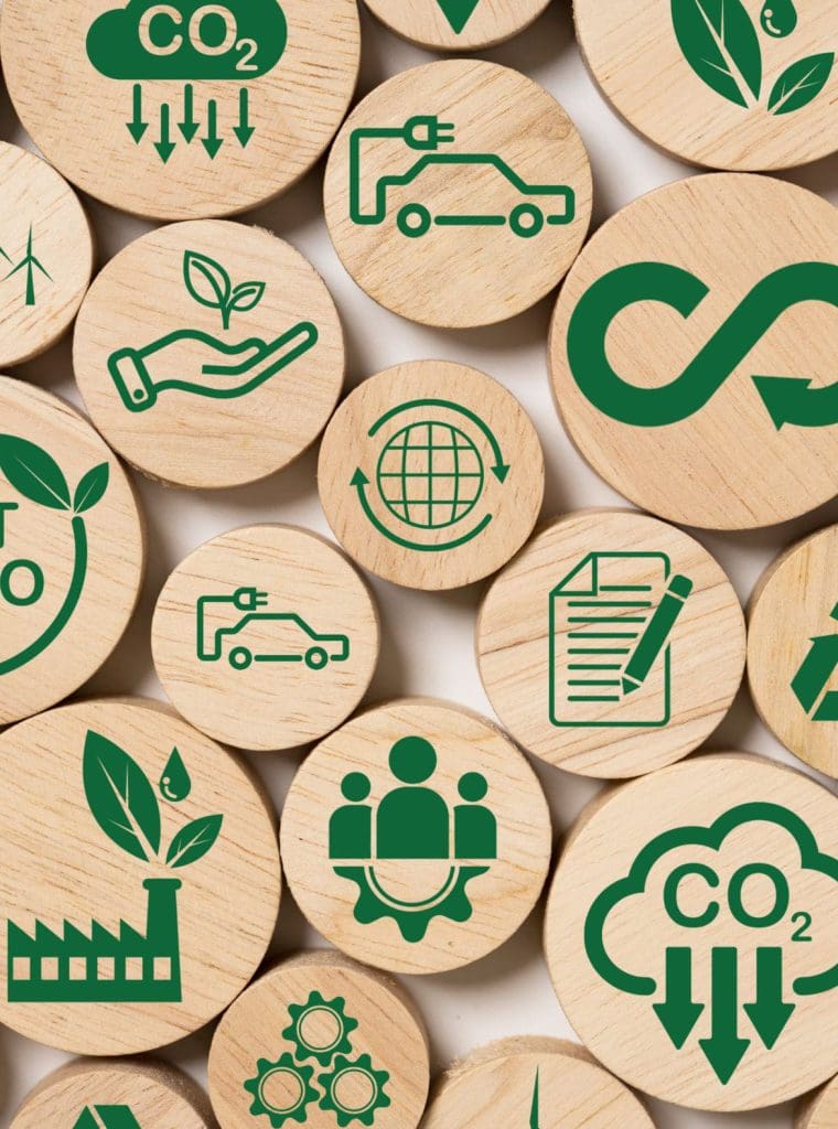 infinity and Circular business economy environment icons print screen on wooden for future sustainable investment growth and reduce environmental pollution concept.